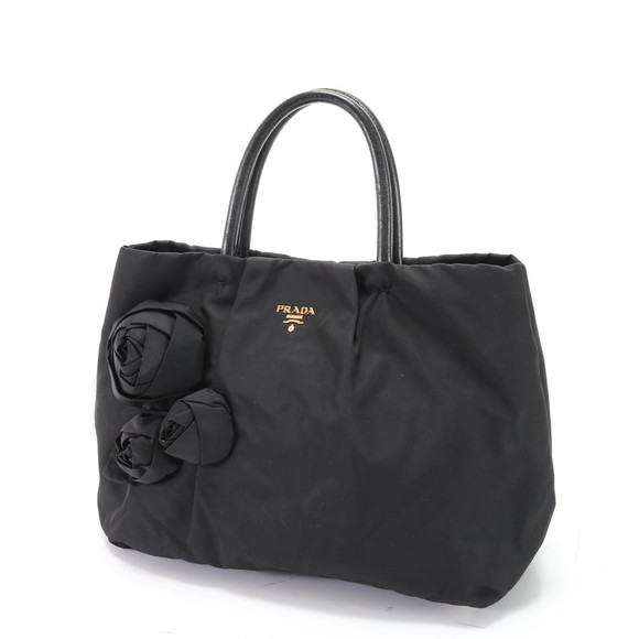 Prada Handle Motif Tote Leather Handbag Tesuto Rose Top Nylon Black - Picture 1 of 15